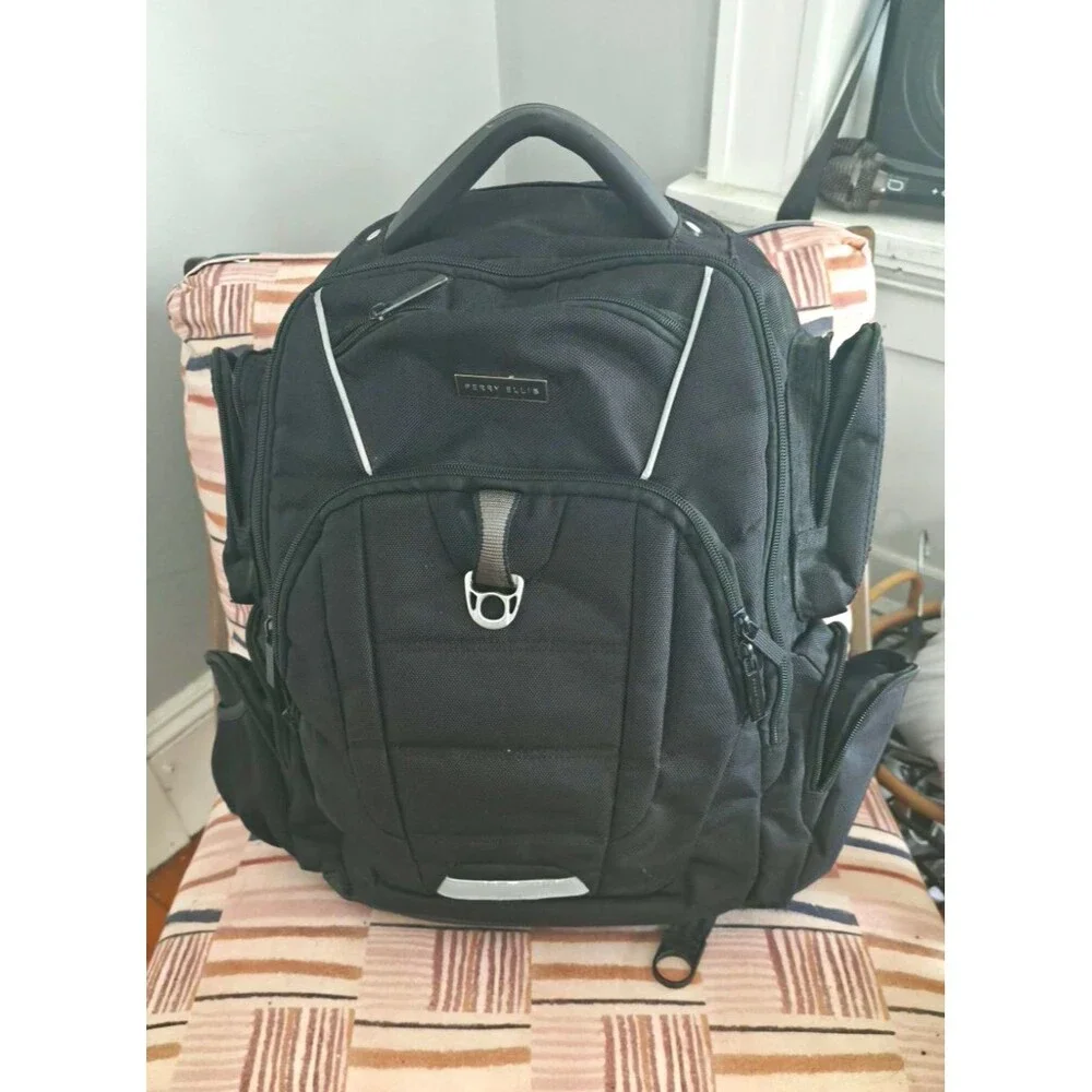 Perry Ellis Black Laptop Backpack Travel/Business Bag, Zip, Multiple Pockets